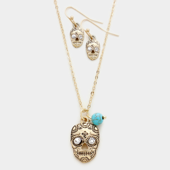Ginga's Galleria Jewelry - Day of Dead Gold Pendant Necklace & Earring Set